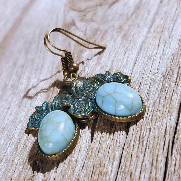 Bronze Rose Flowers Turquoise Blue Stone Dangle Earrings - Picture 6 of 8